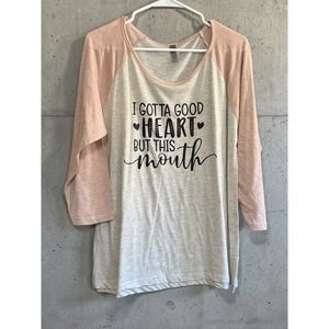 Women 2XL Raglan Baseball Tee Pink Oatmeal Graphic Good Heart Shirt